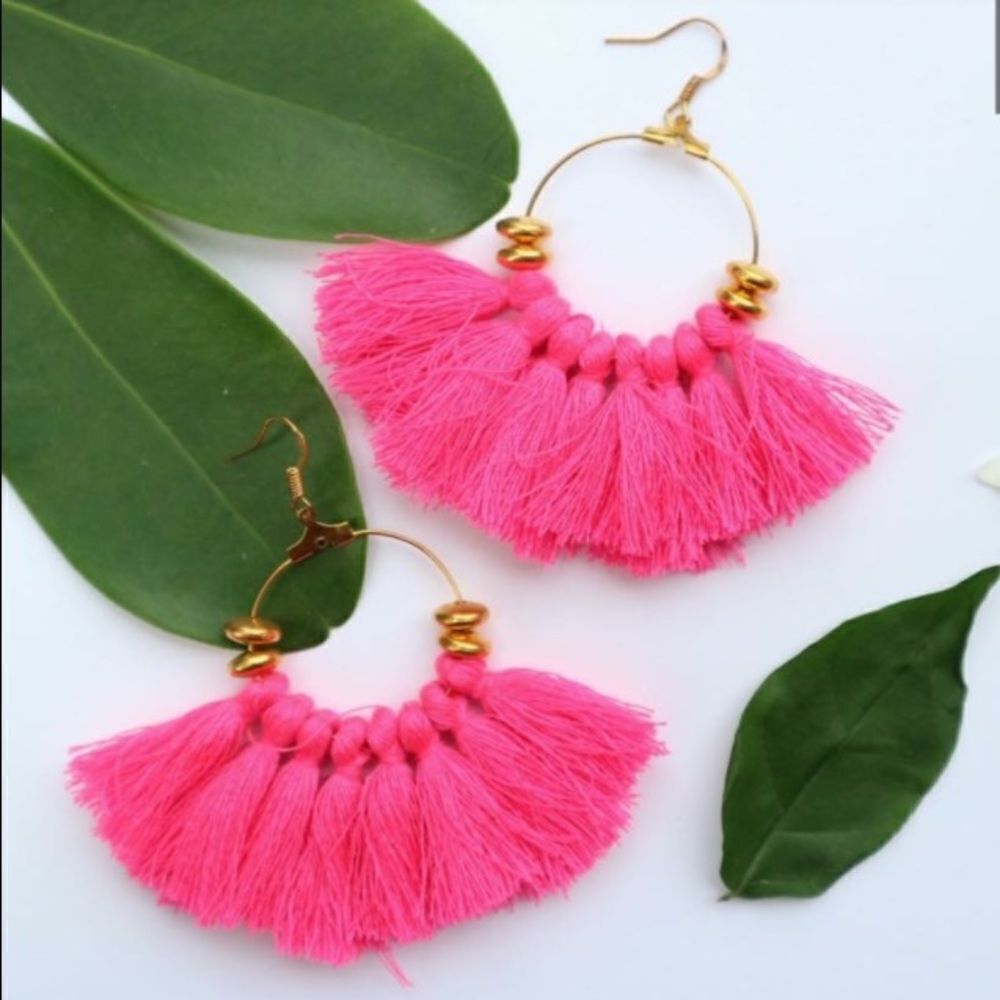 Pink Beaded Tassel Earrings